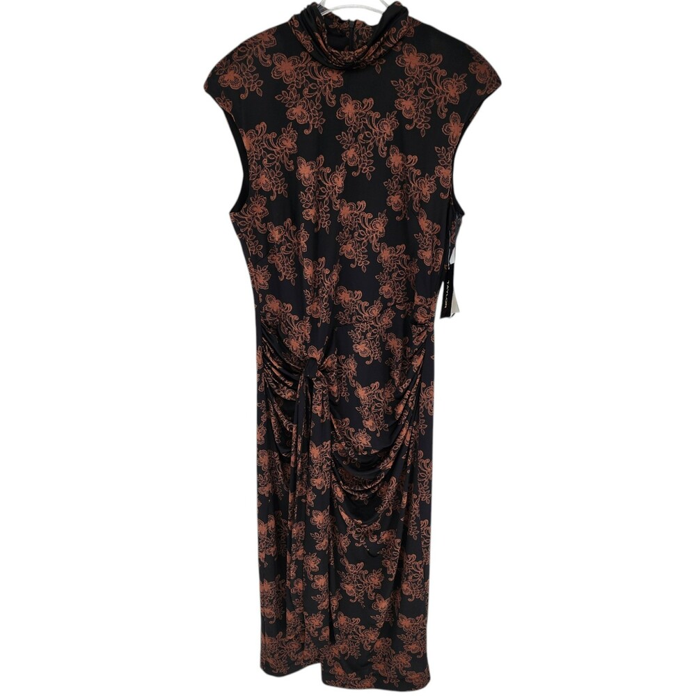 Taylor Brown Black Floral Mock Neck Ruched Empire Knot Midi Sheath Dress 14 NWT
